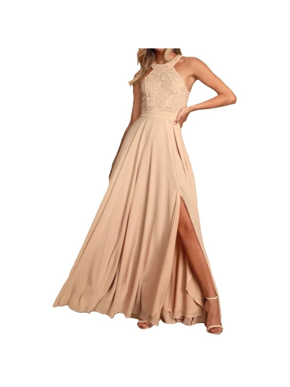 Lulus Blush Lace Halter Maxi Dress with Side Slit Bridesmaid Wedding Extra Small